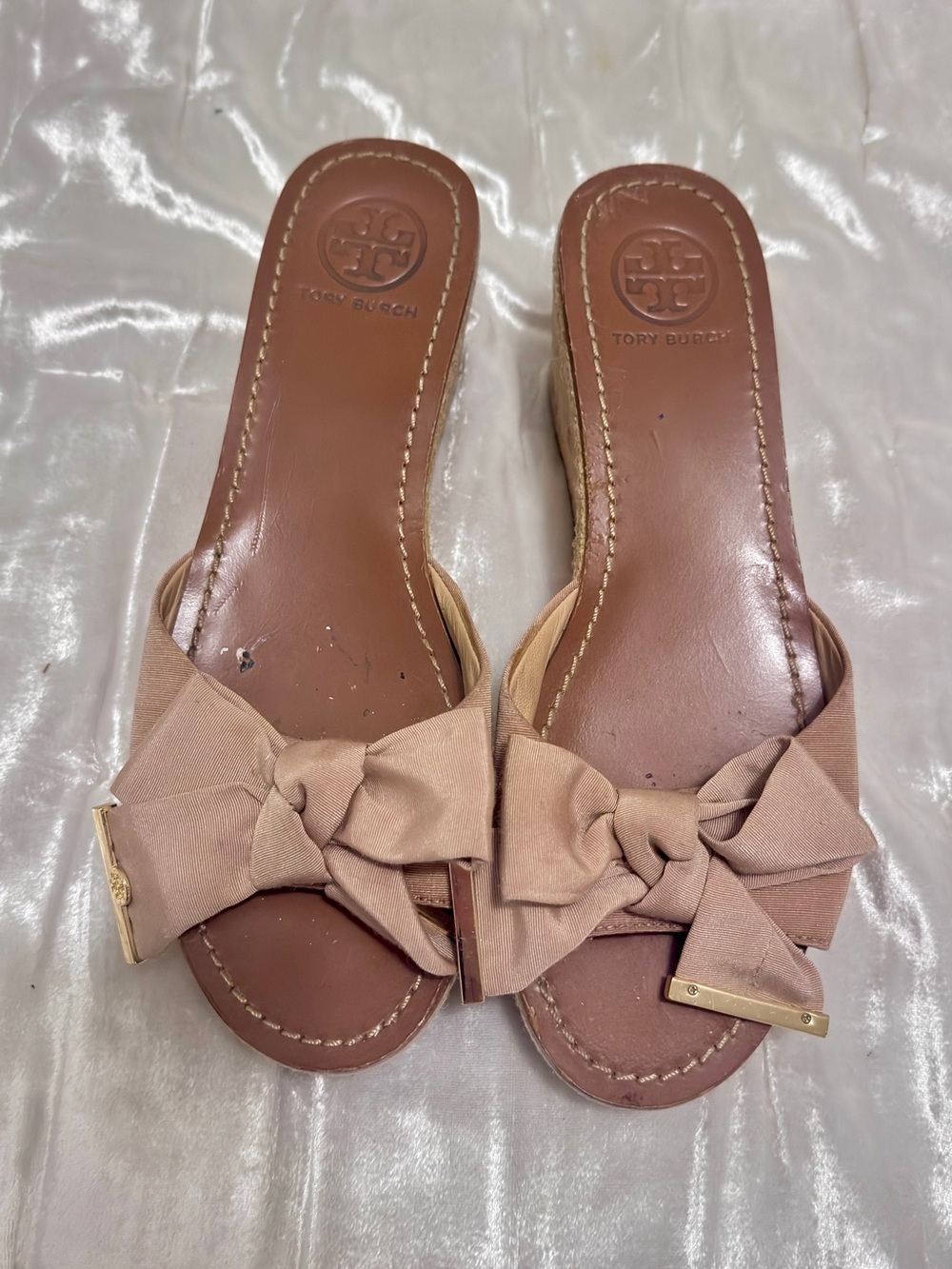 of Tory Burch Penny Grosgrain Cork Wedge Slide Sandals.